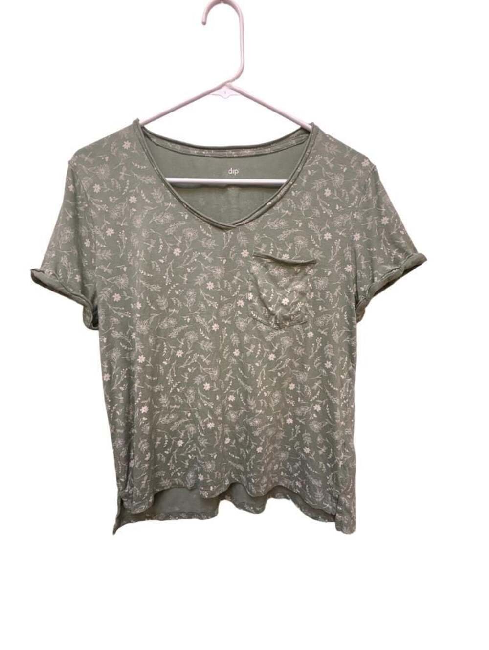 Dip Green Floral Print Short Sleeve Pocket V-Neck T-Shirt